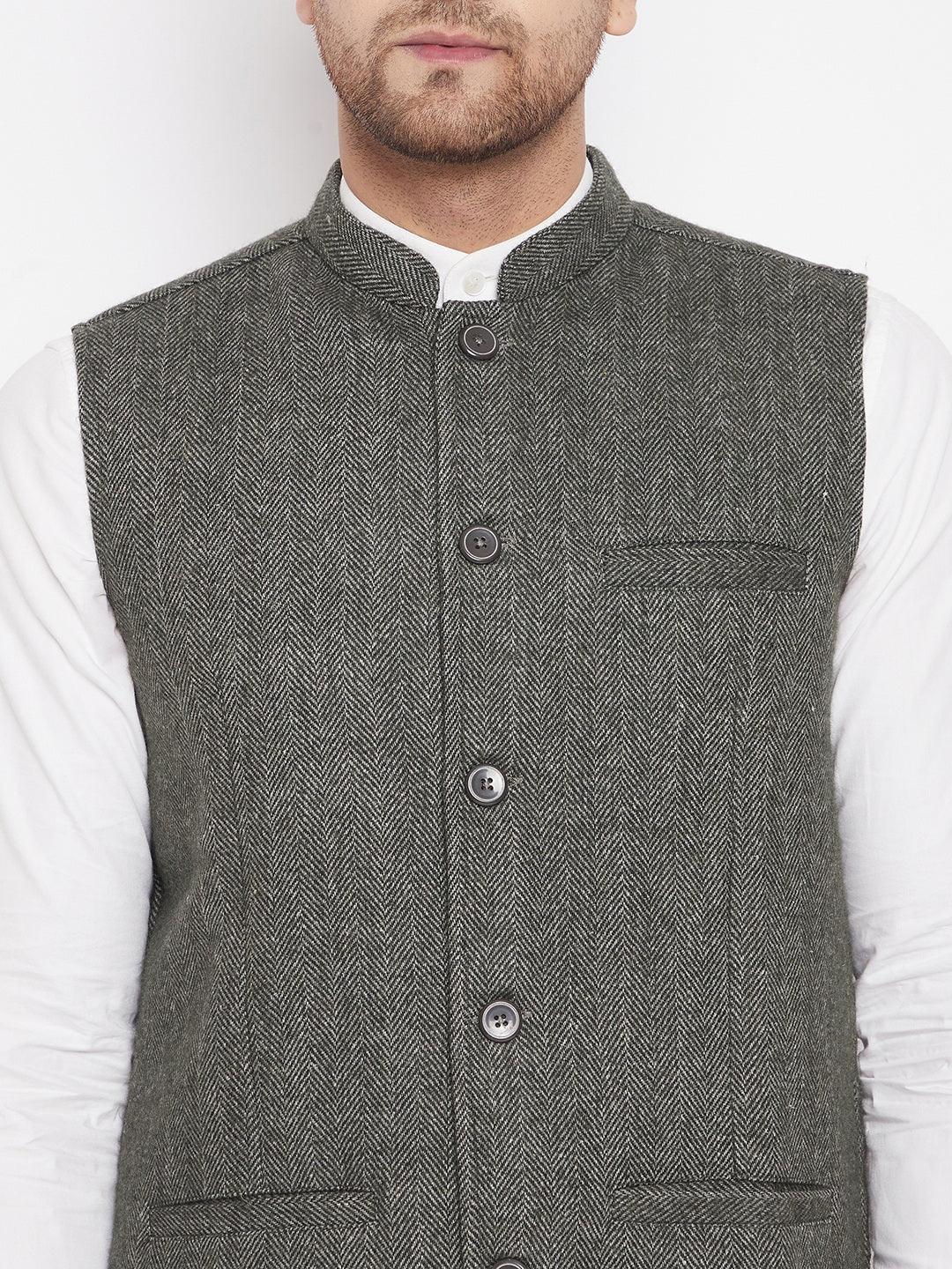 Men's Green Color Woven Nehru Jacket