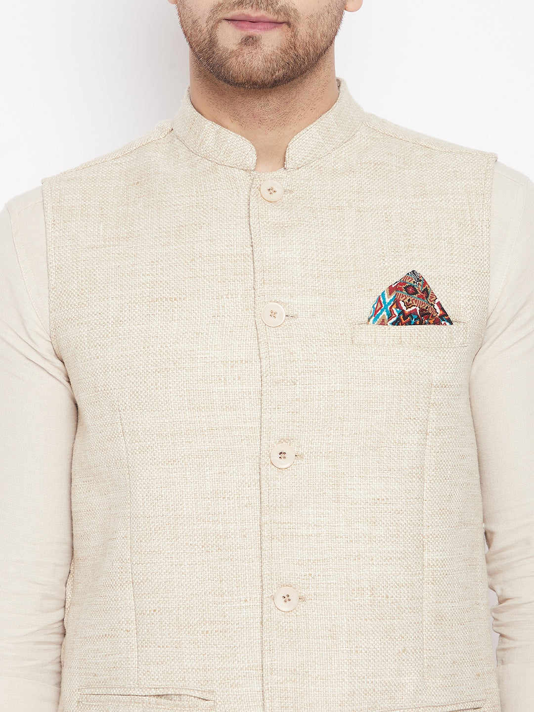 Men's Beige Color Woven Nehru Jacket
