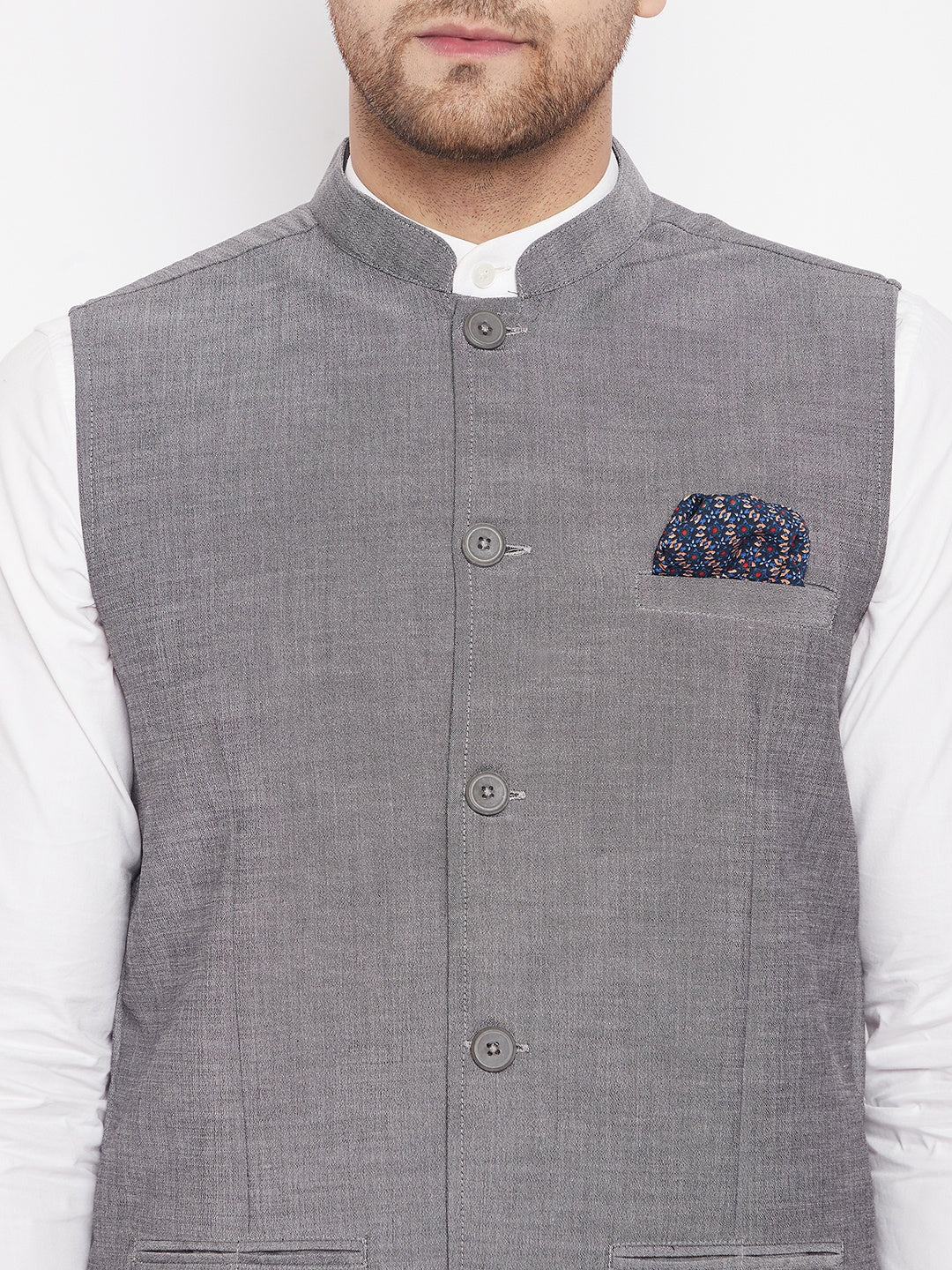 Men's Grey Color Nehru Jacket-Contrast Lining-Free Pocket Square