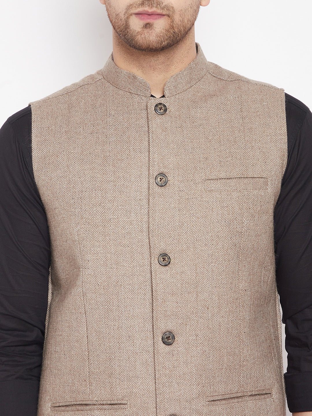 Men's Beige Color Woven Nehru Jacket