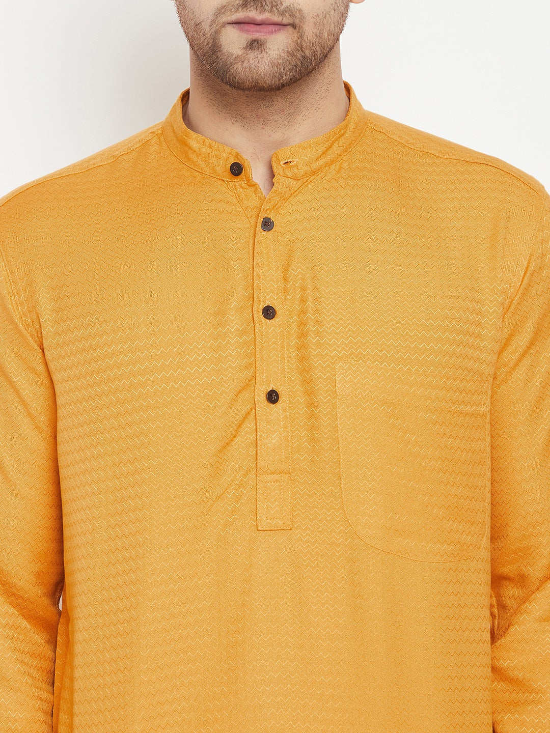 Men's Yellow Color Long Kurta with Band Collar