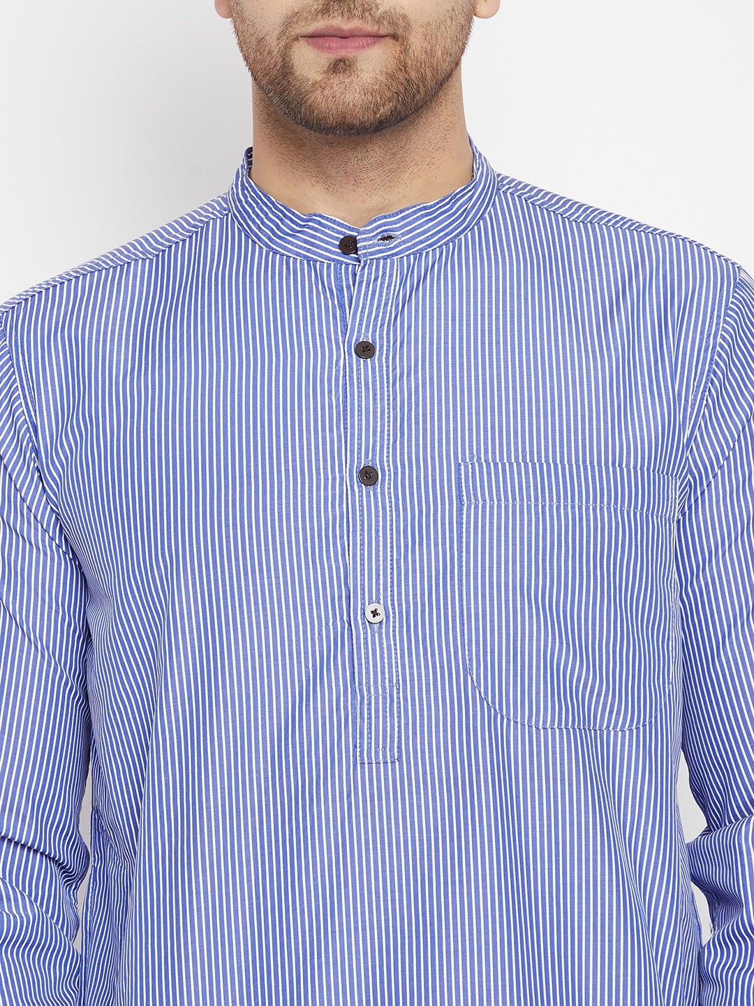 Men's Blue Color Long Kurta with Band Collar