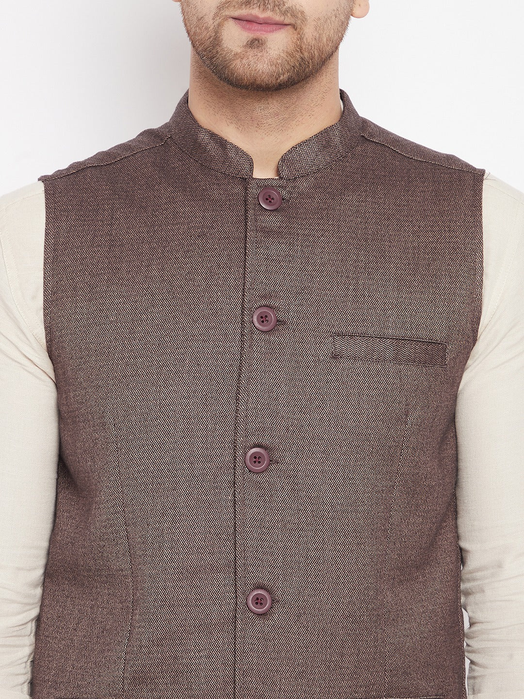 Men's Brown Color Woven Nehru Jacket