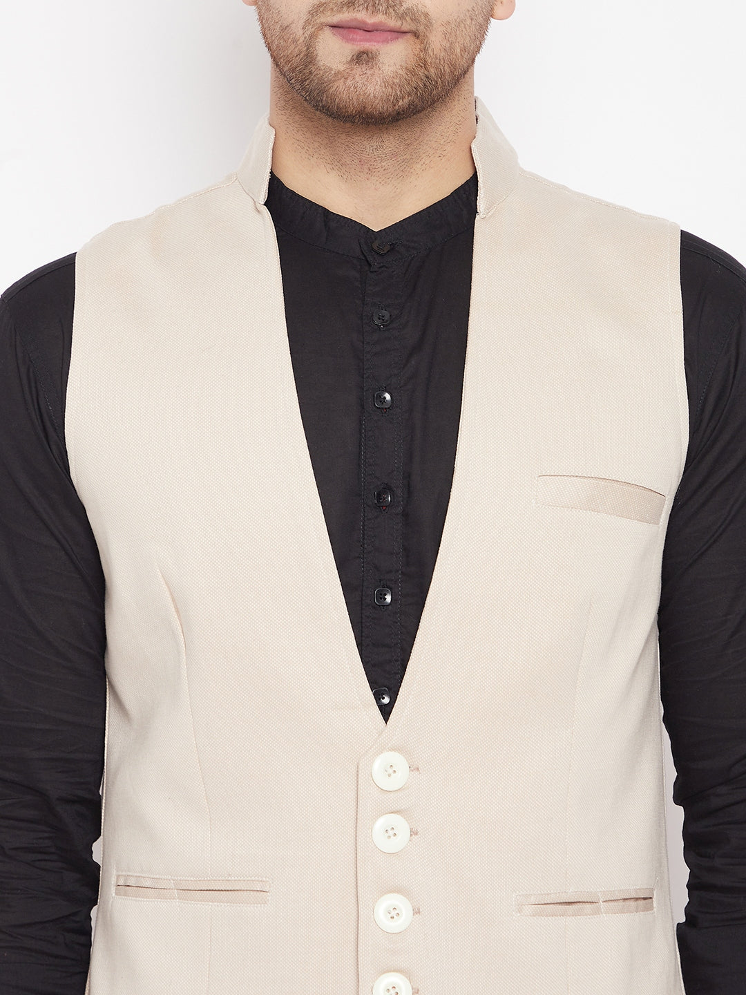 Men's Cream Color Woven Nehru Jacket