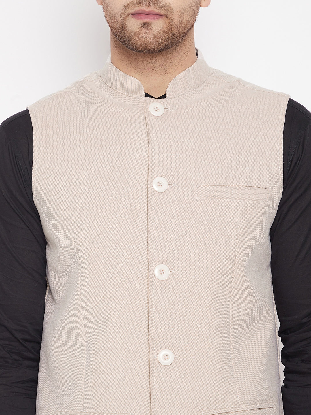 Men's Cream Color Woven Nehru Jacket