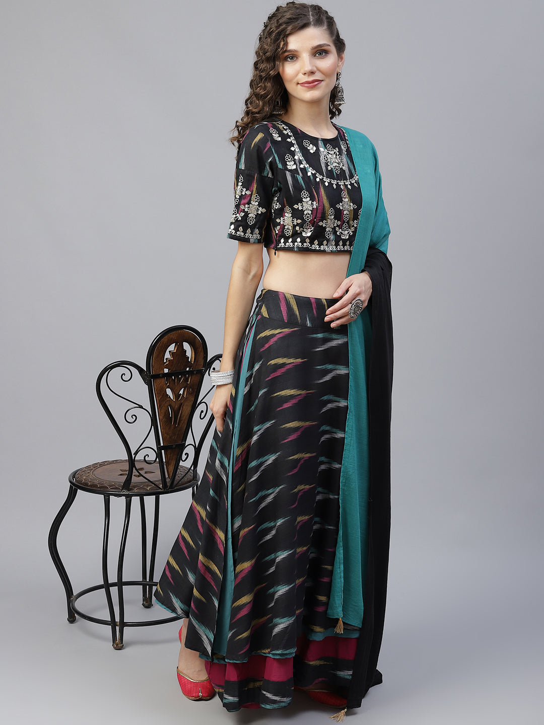 Women's Black Embroidered Lehenga Choli With Dupatta