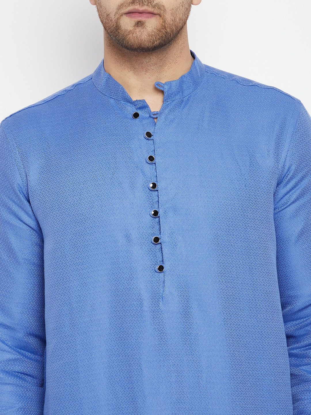 Men's Blue Color Long Kurta with Band Collar