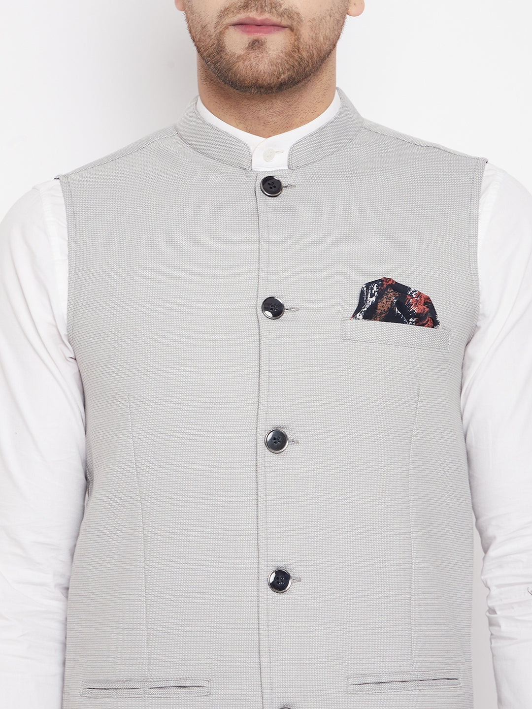 Men's Grey Color Nehru Jacket-Contrast Lining-Free Pocket Square
