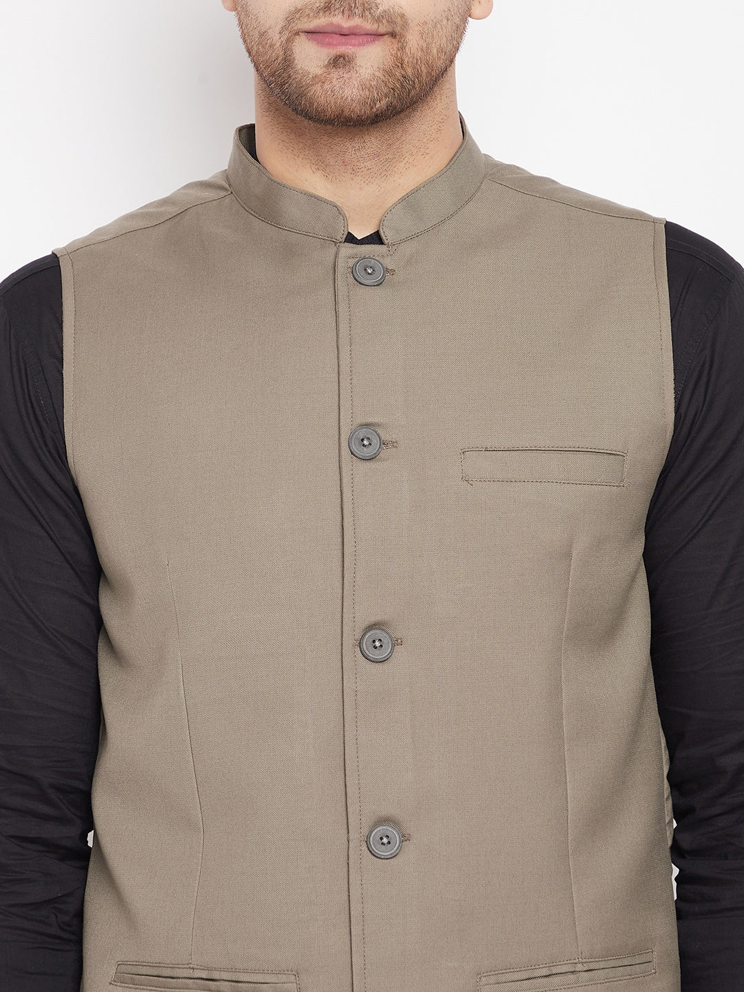 Men's Beige Color Woven Nehru Jacket