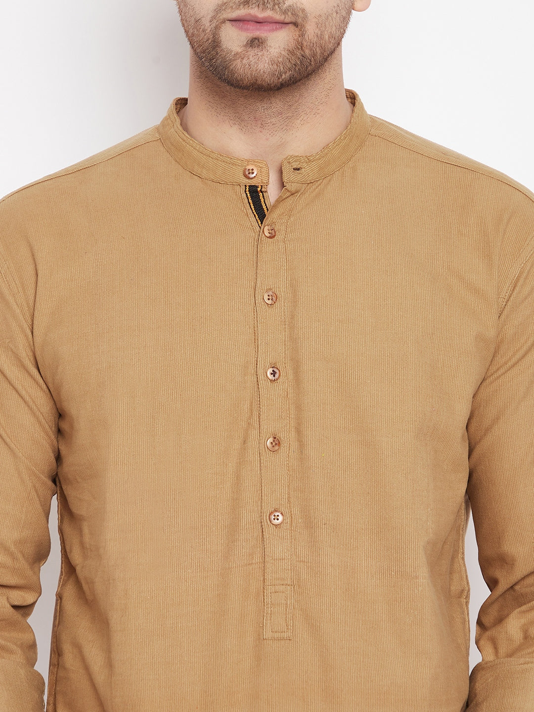 Men's Beige Color Short Kurta with Band Collar