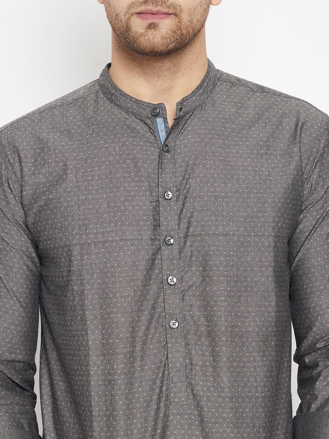 Men's Grey Color Short Kurta with Band Collar