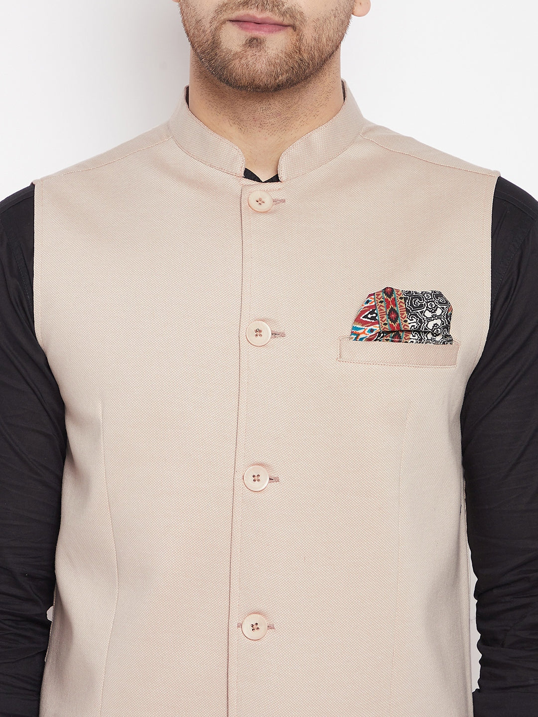 Men's Cream Color Woven Nehru Jacket