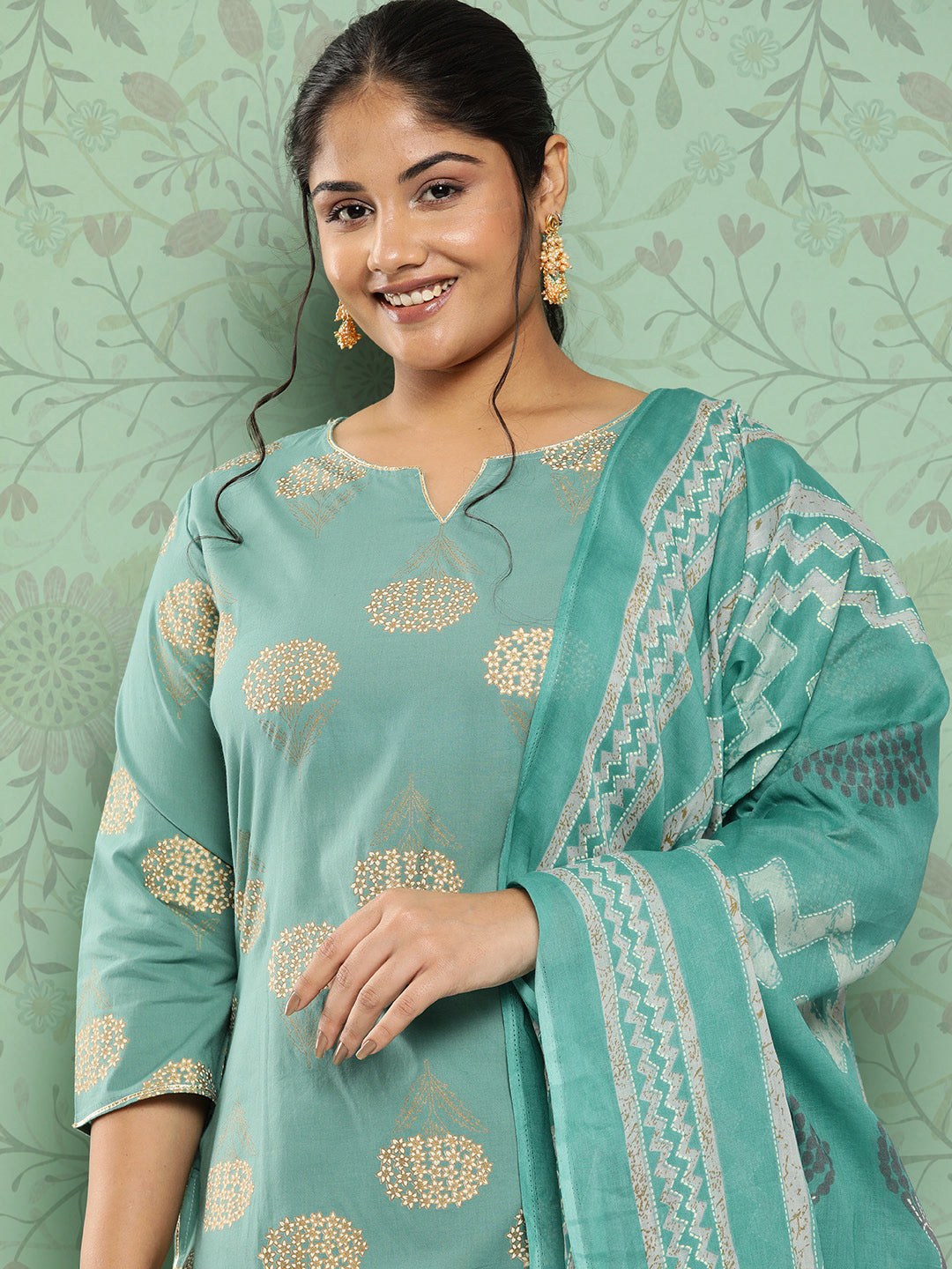 Women's Blue Ethnic Motifs Printed Regular Cotton Kurta With Trousers With Dupatta