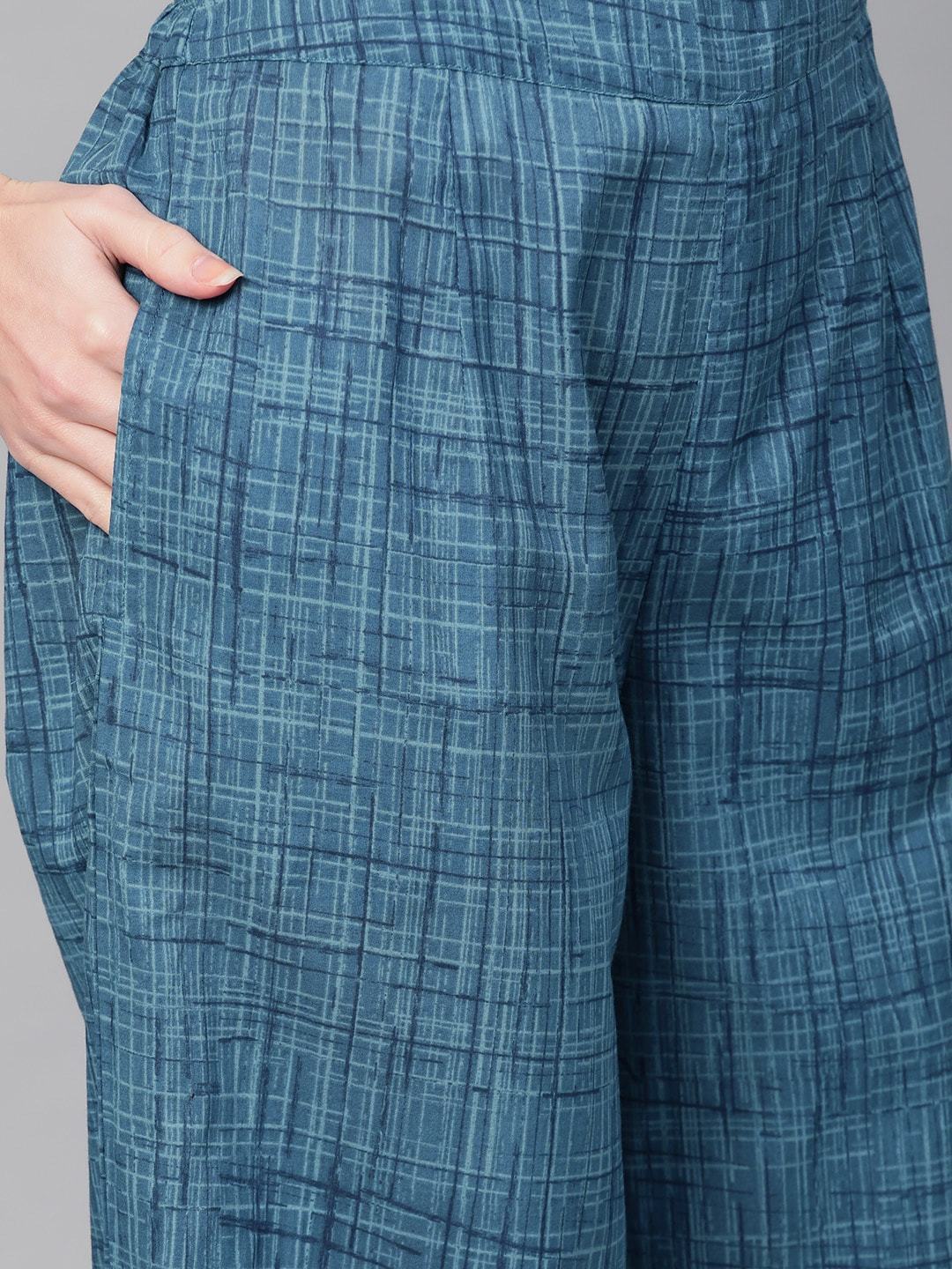 Women's Navy Blue Self-Checked Kurta with Palazzos