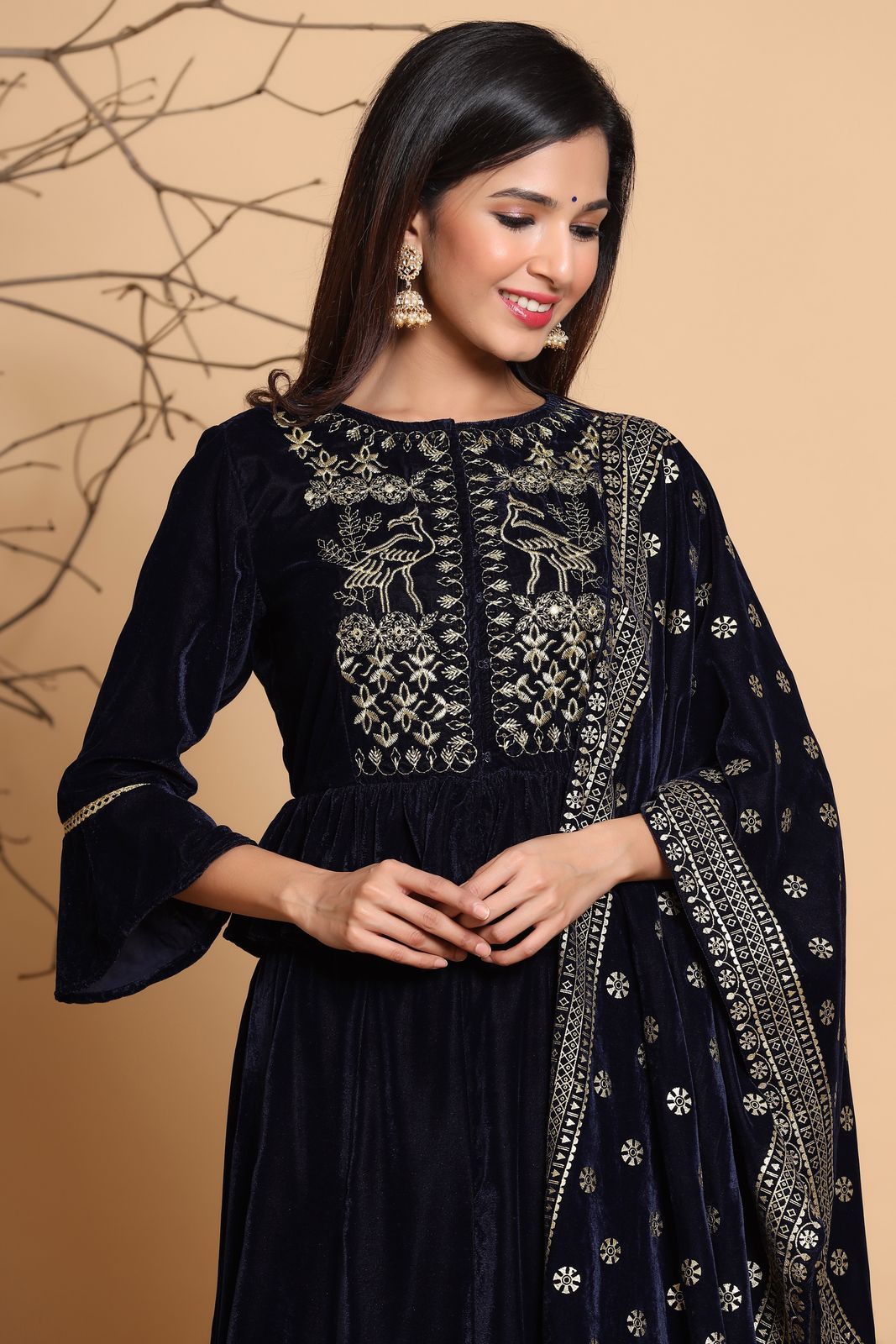 Women Navy blue Velvet Lehenga Choli Dupatta Set by Juniper