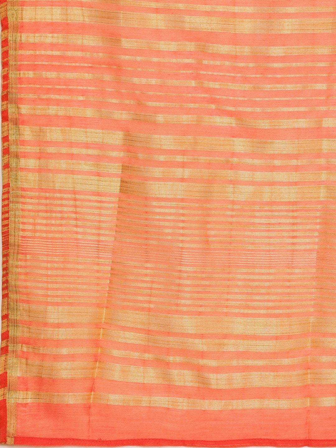 Women's Coral Orange & Golden Striped Kurta with Sharara & Dupatta