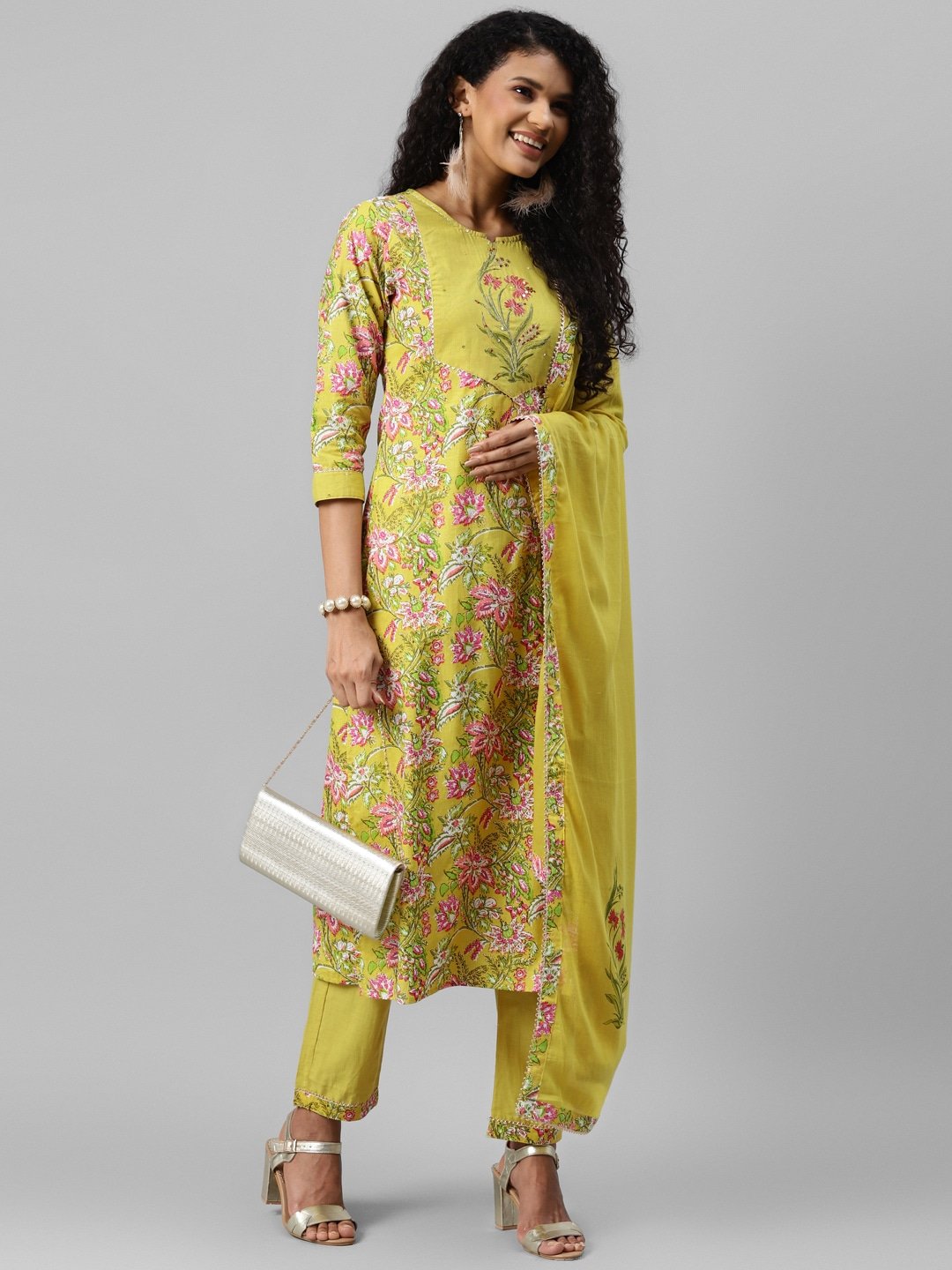 Women's Lime Green Printed Kurta Set
