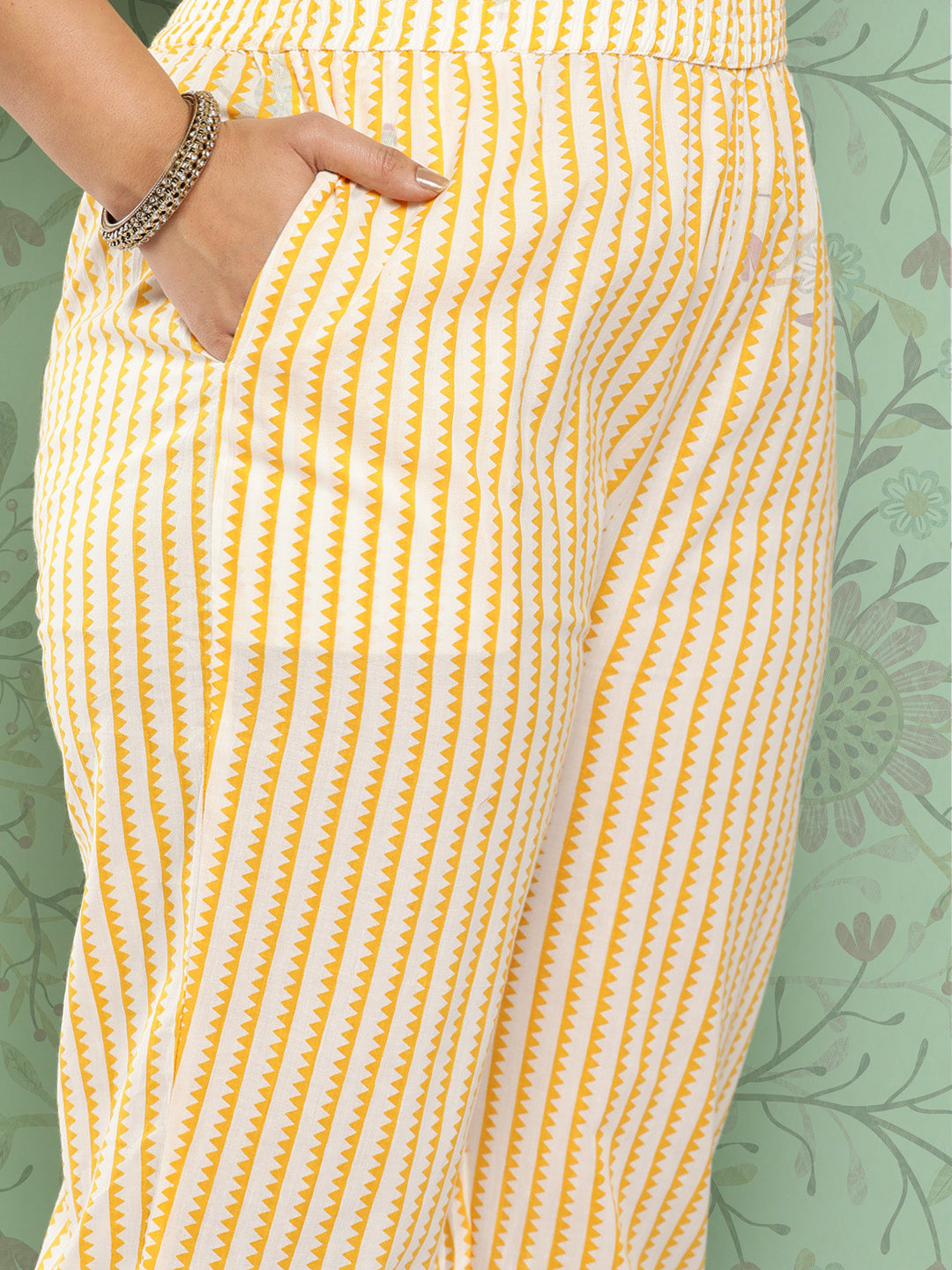 Women's Pink & Yellow Handblock Printed Cotton Kurta With Trousers & Dupatta