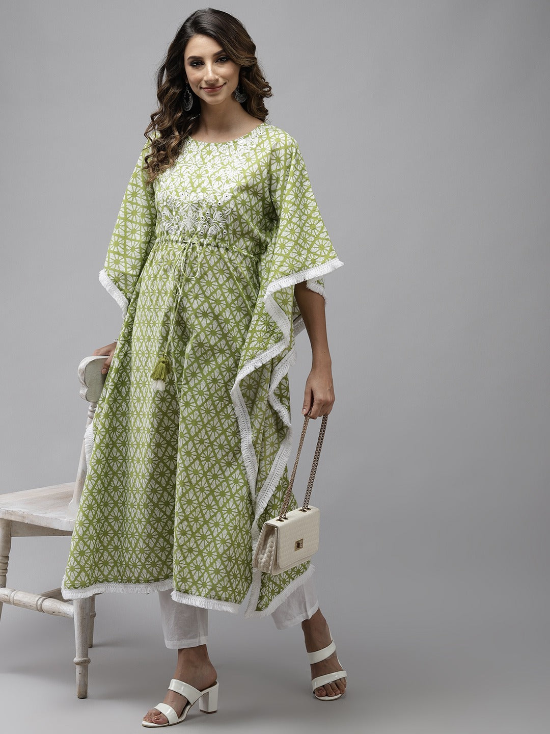 Women's Lime Green Printed Kaftan Kurta