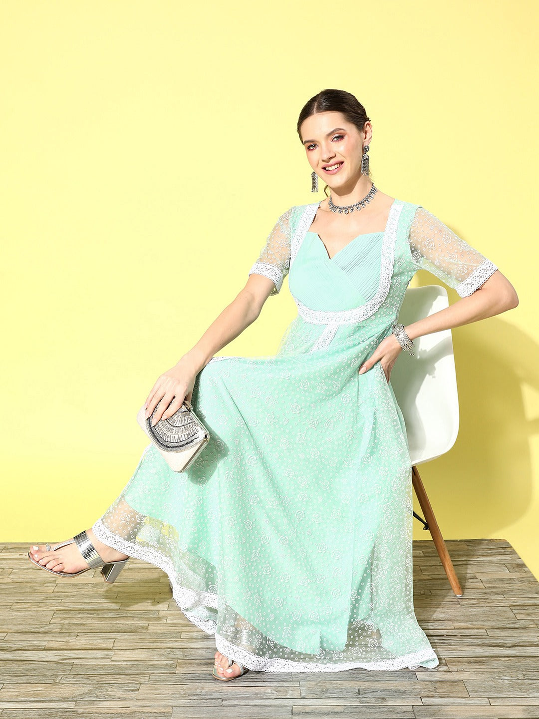 Women's Sea Green Rubber Print Net A Line Dress