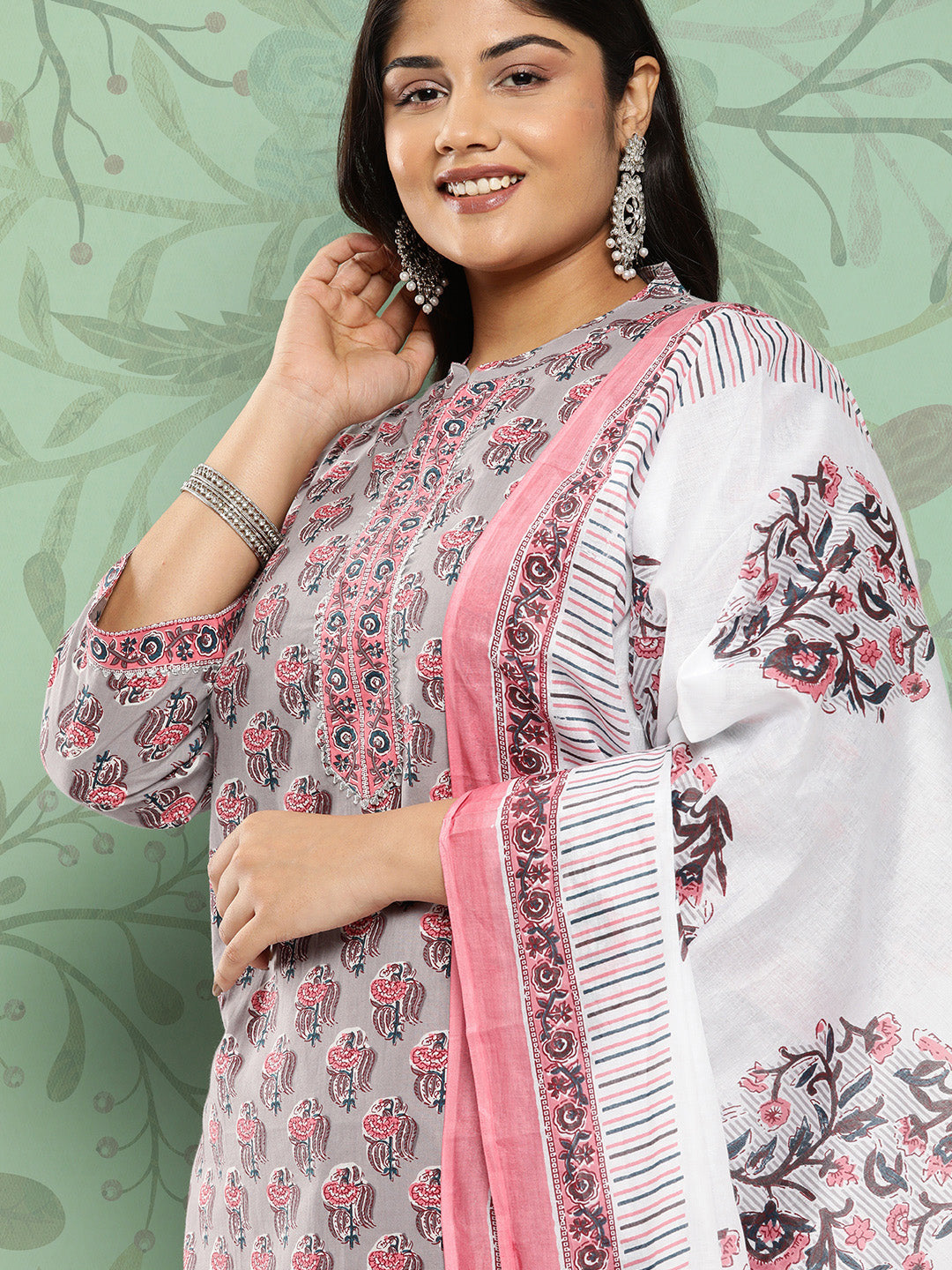 Women's Grey Ethnic Motifs Straight Kurta Trouser And Dupatta Set