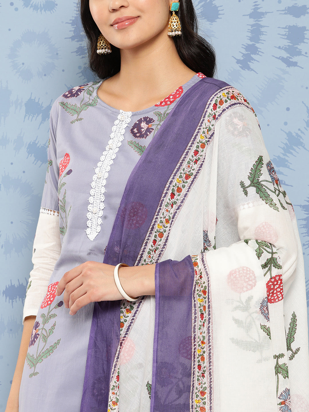 Women's Grey Floral Straight Kurta Trouser And Dupatta Set
