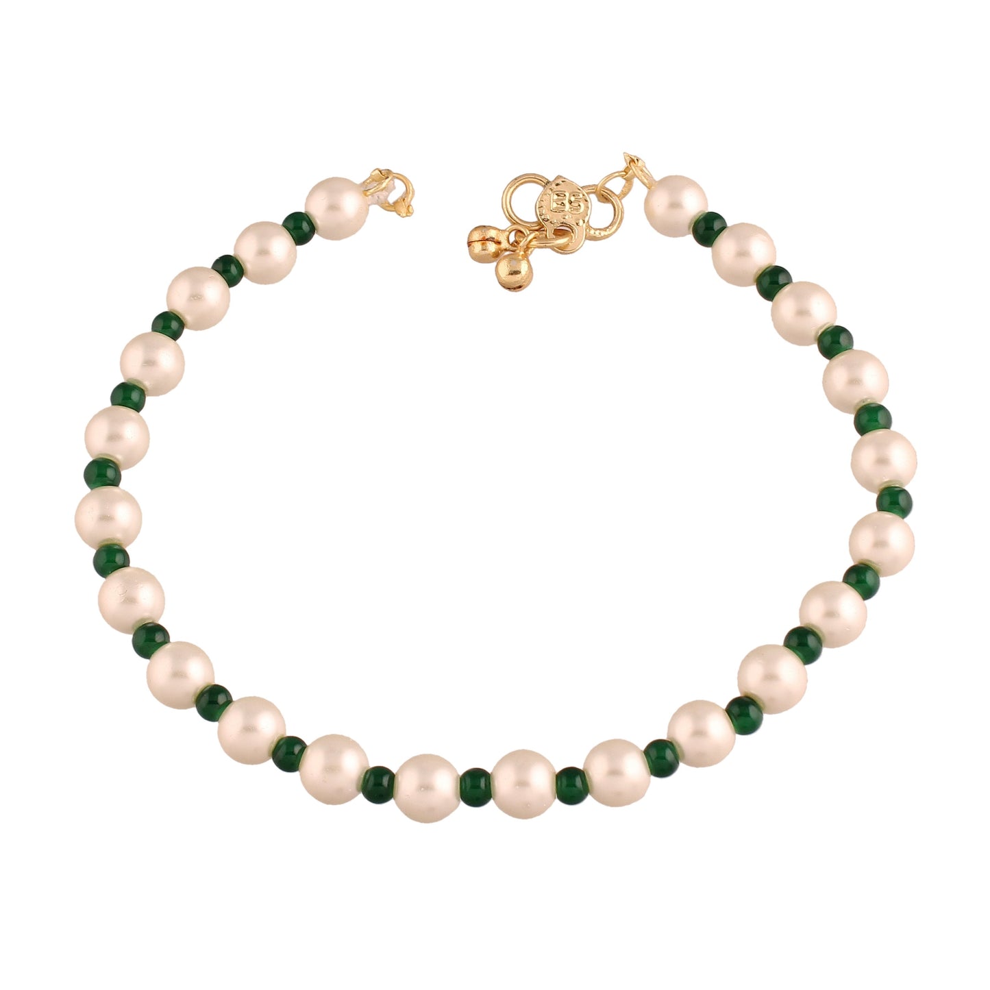Women's Adjustable Pearl & Green Beads Single Anklet Payal Bracelet