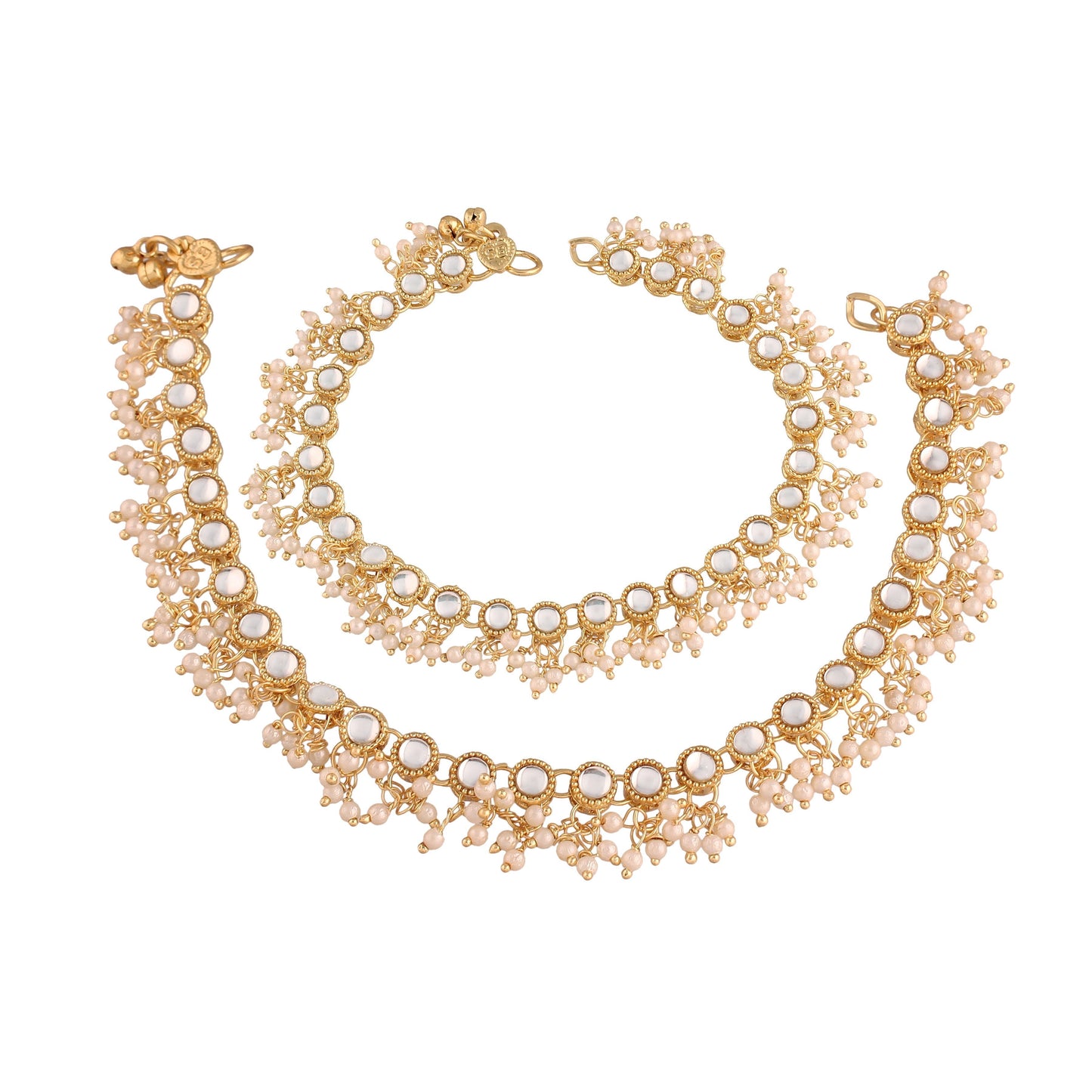 Women's Gold Plated Encased With Faux Kundan & Pearls Adjustable Pair Of Bridal White Anklets Payal