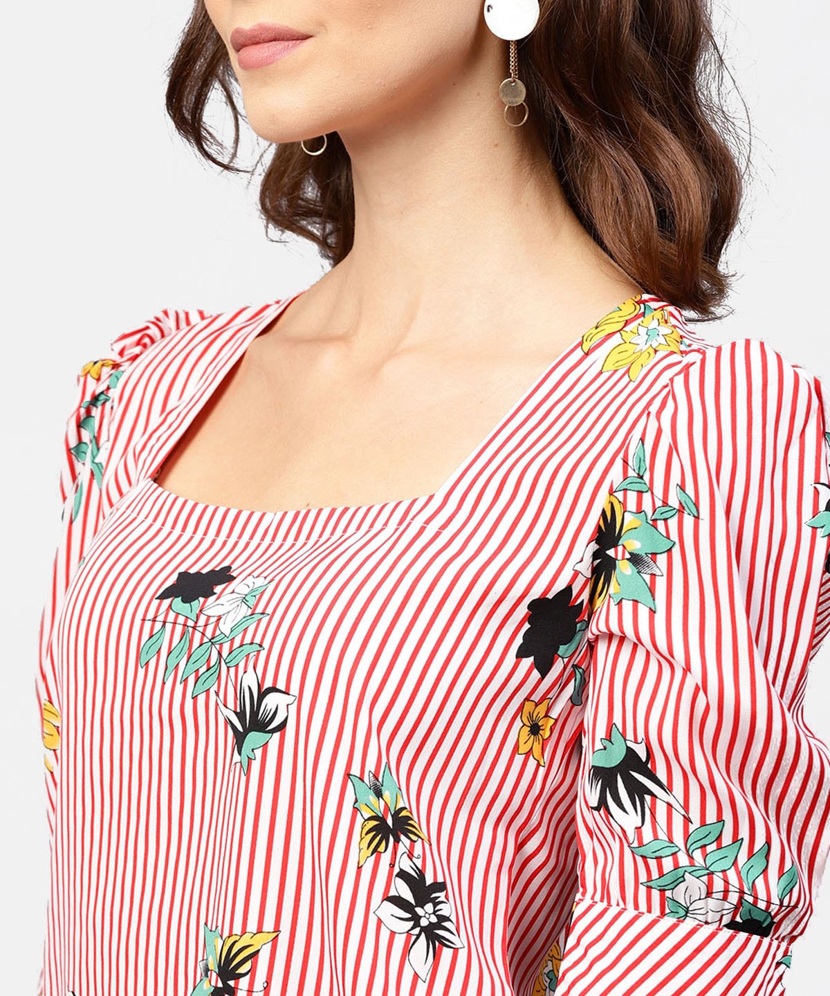 Women's Pink Striped Half Cuff Style Sleeve Crepe Top