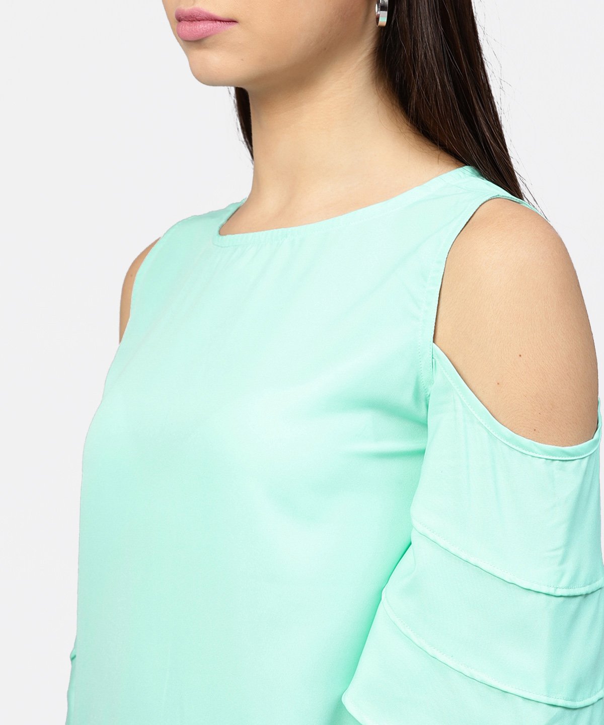 Women's Sea Green Cold Shoulder Layered Sleeve Crepe Top