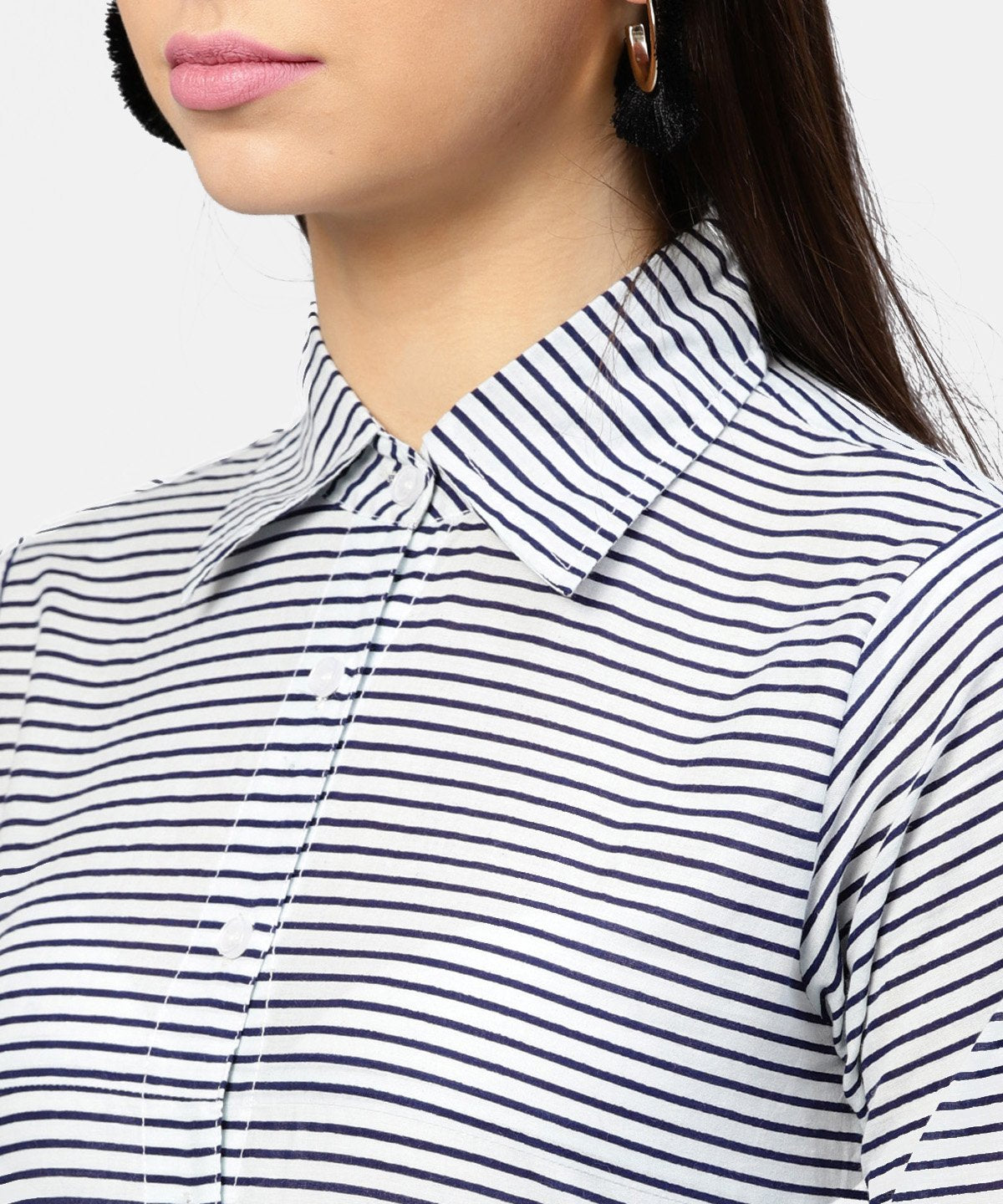 Women's Blue Striped 3/4Th Sleeve Cotton Tunic