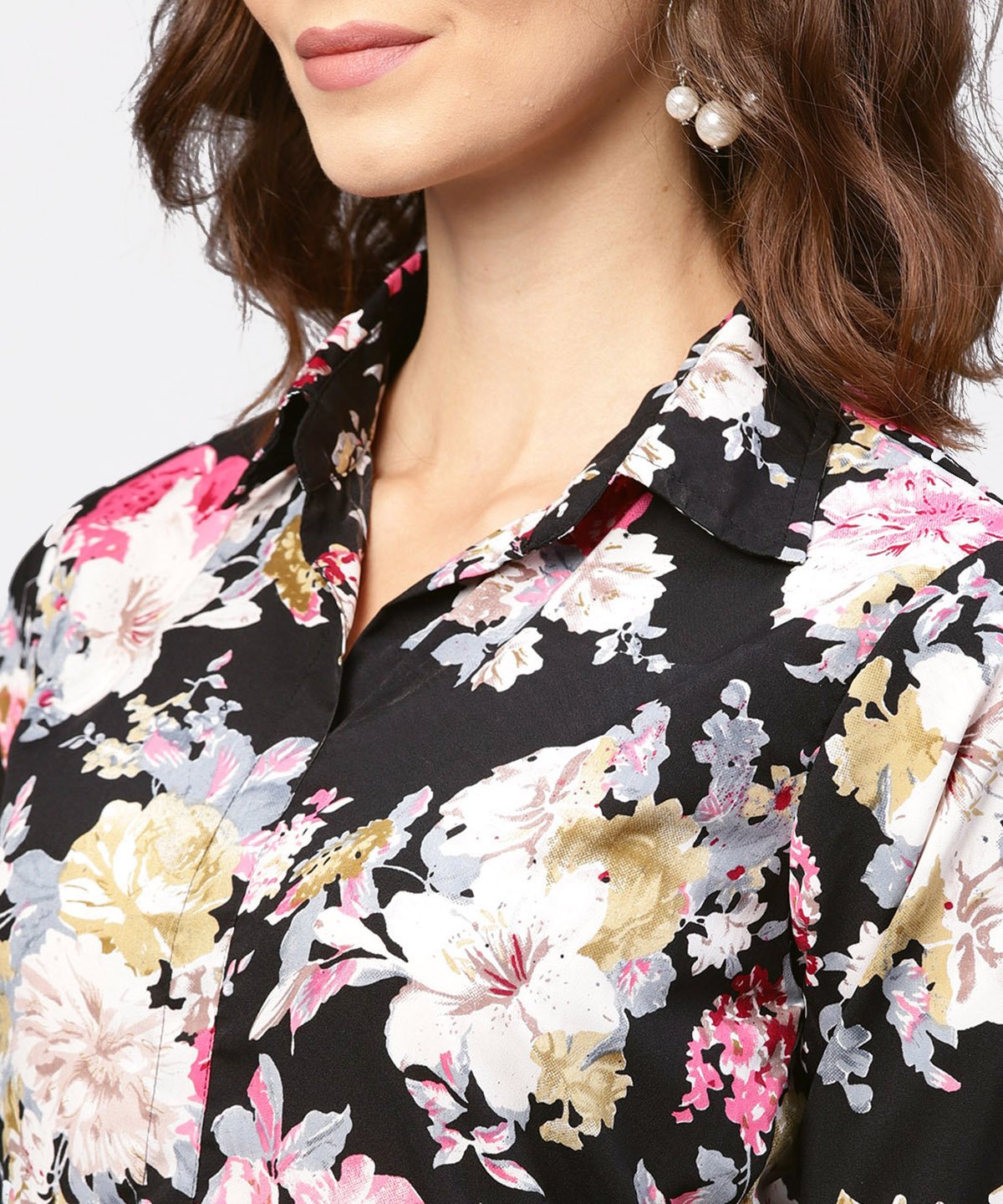 Women's Black Printed 3/4Th Sleeve One Side Slit Dress With Belt