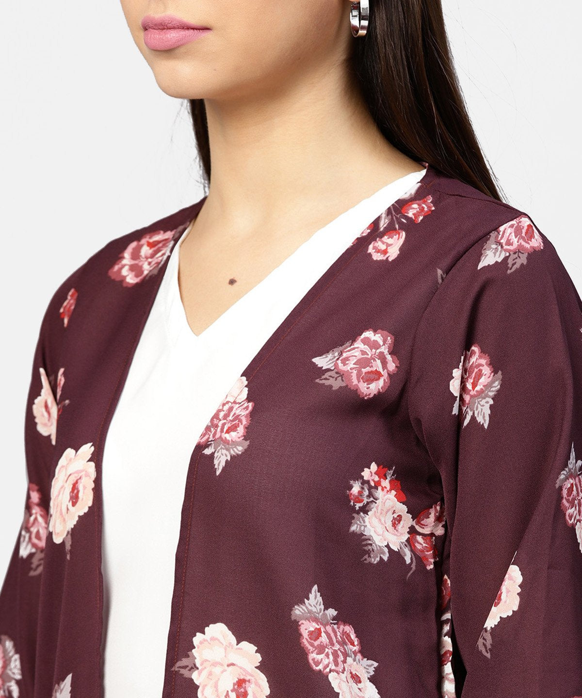 Women's Solid V-Neck Cream Top With Floral Printed Loose-Fit 3/4Th Sleeves Open Style Cape