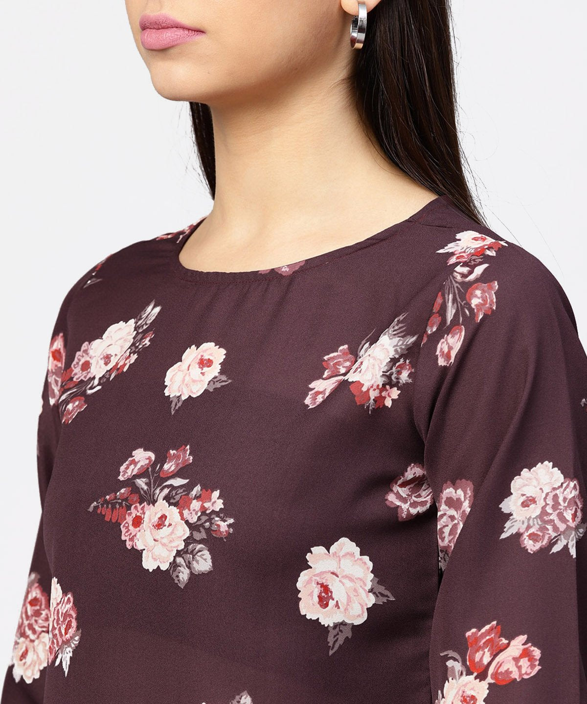Women's Round Neck Floral Printed 3/4Th Sleeves Top