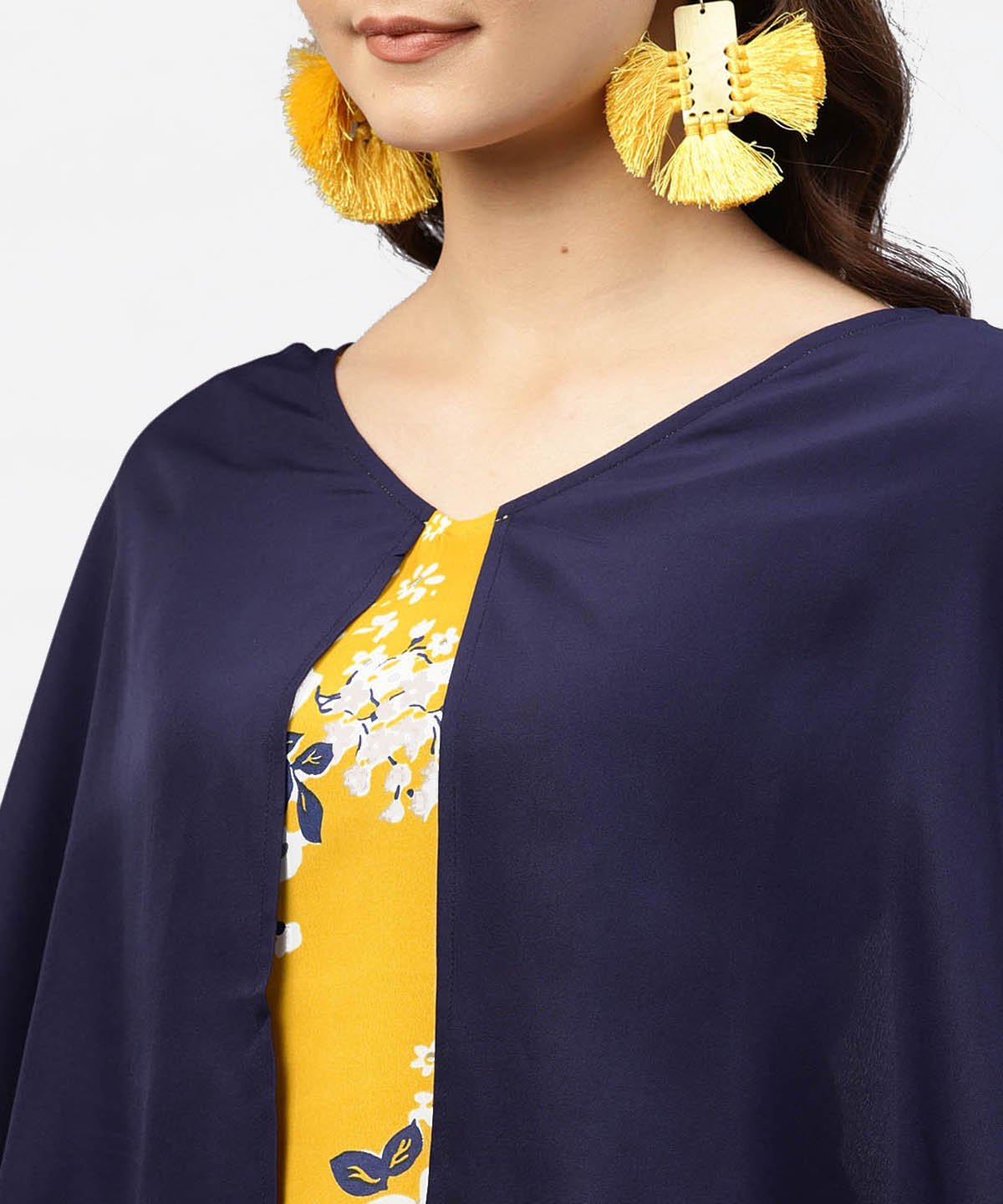 Women's Yellow Printed Tunic With Attached Cape Sleeves And V-Neck