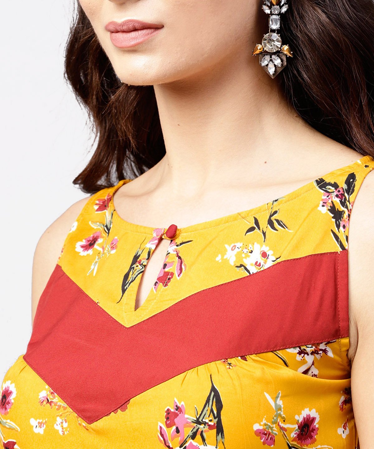 Women's Mustard Floral Printed Sleeveless Dress With Key Hole Neck
