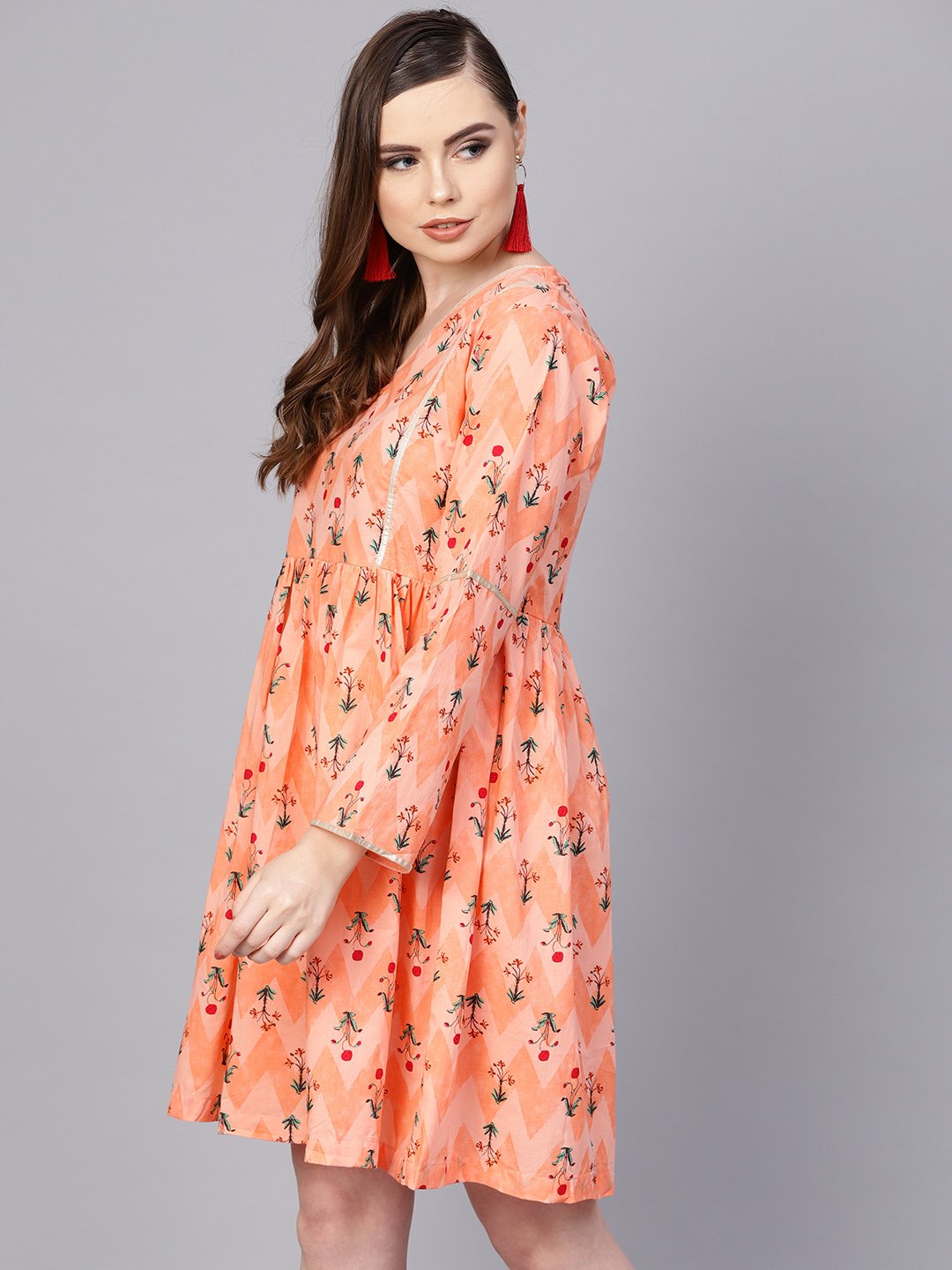 Women's Peach Full Sleeve Cotton A-Line Dress