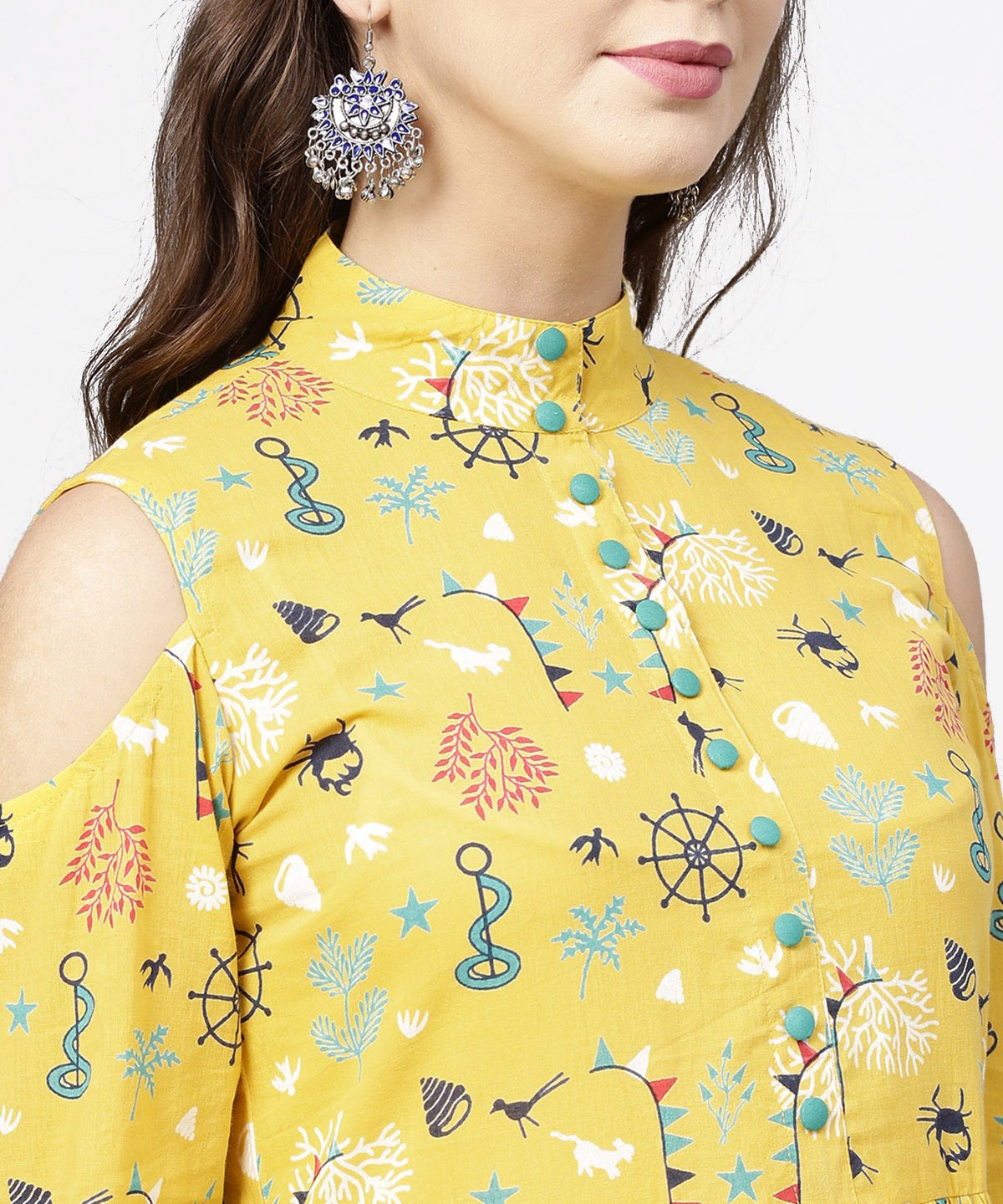 Women's Yellow Printed 3/4Th Cold Shoulder Sleeve Cotton Kurta