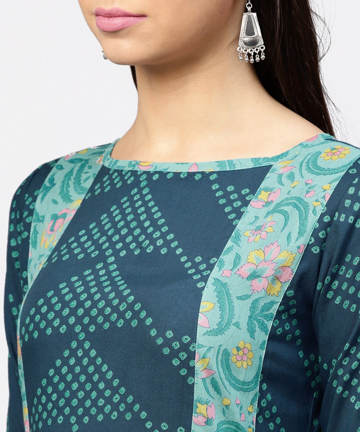 Women's Multi Printed Round Neck Gathered Panels With 3/4Th Sleeves Maxi Dress