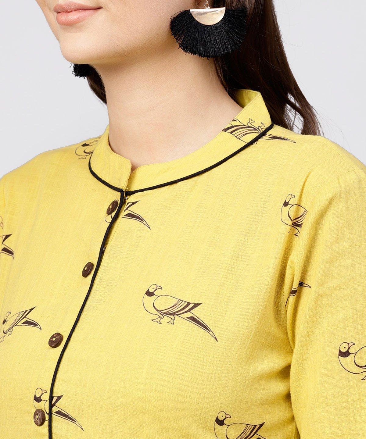 Women's Mustard Full Sleeves Cotton Maxi Dress With Madarin Collar And Front Placket