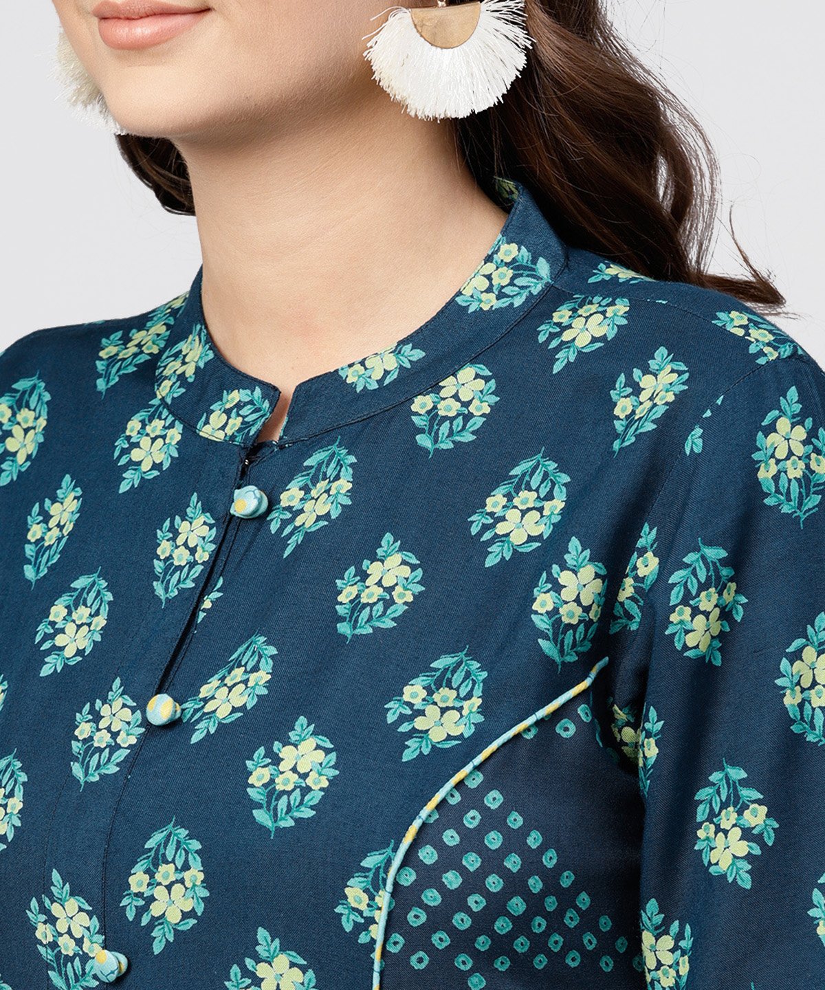 Women's Blue Printed Panelled Cut A-Line Kurta With Printed Yoke And Front Placket