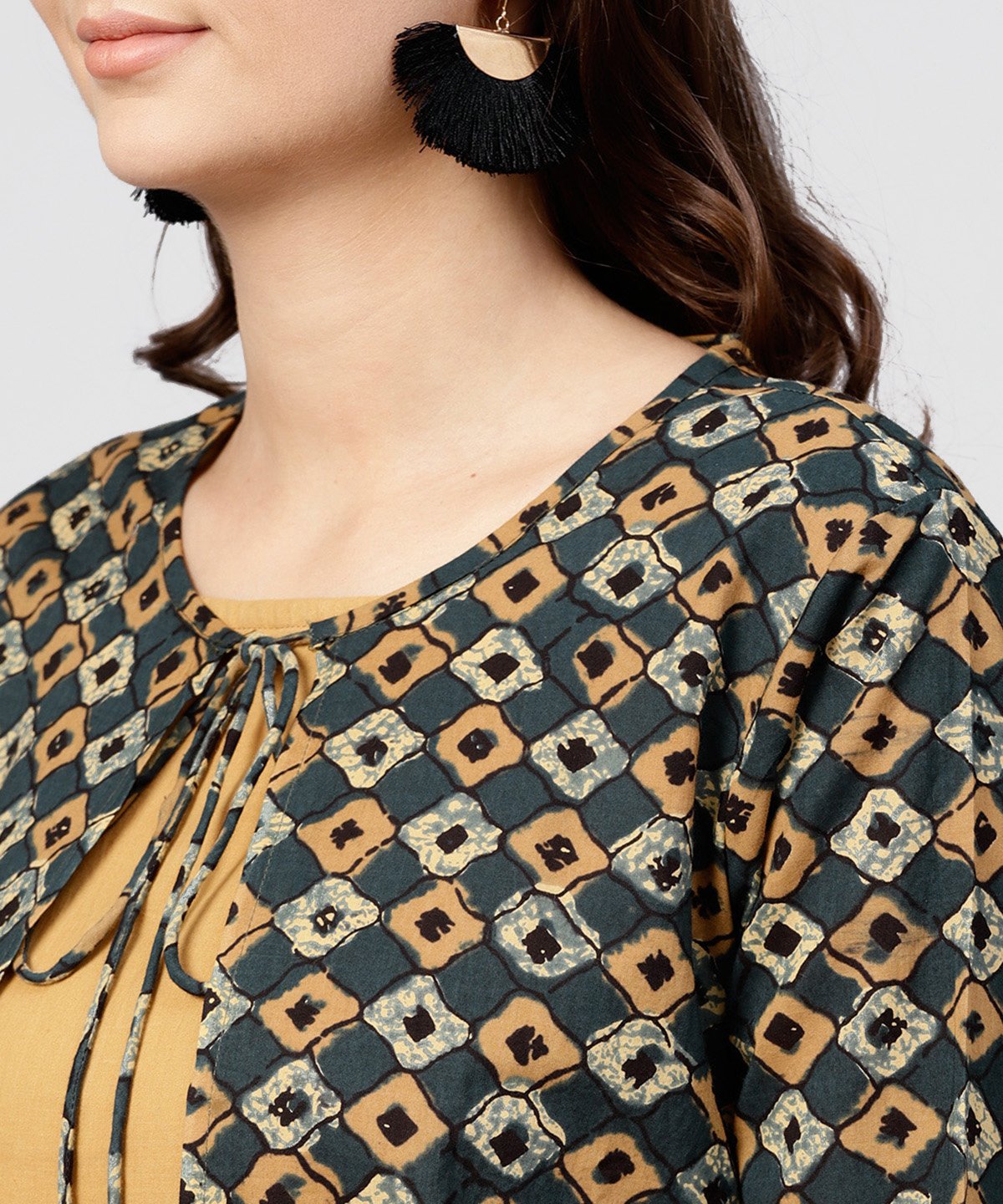 Women's Mustard Cotton Tiered Maxi Dress With Full Sleeves Short Jacket Emblished With Tassel