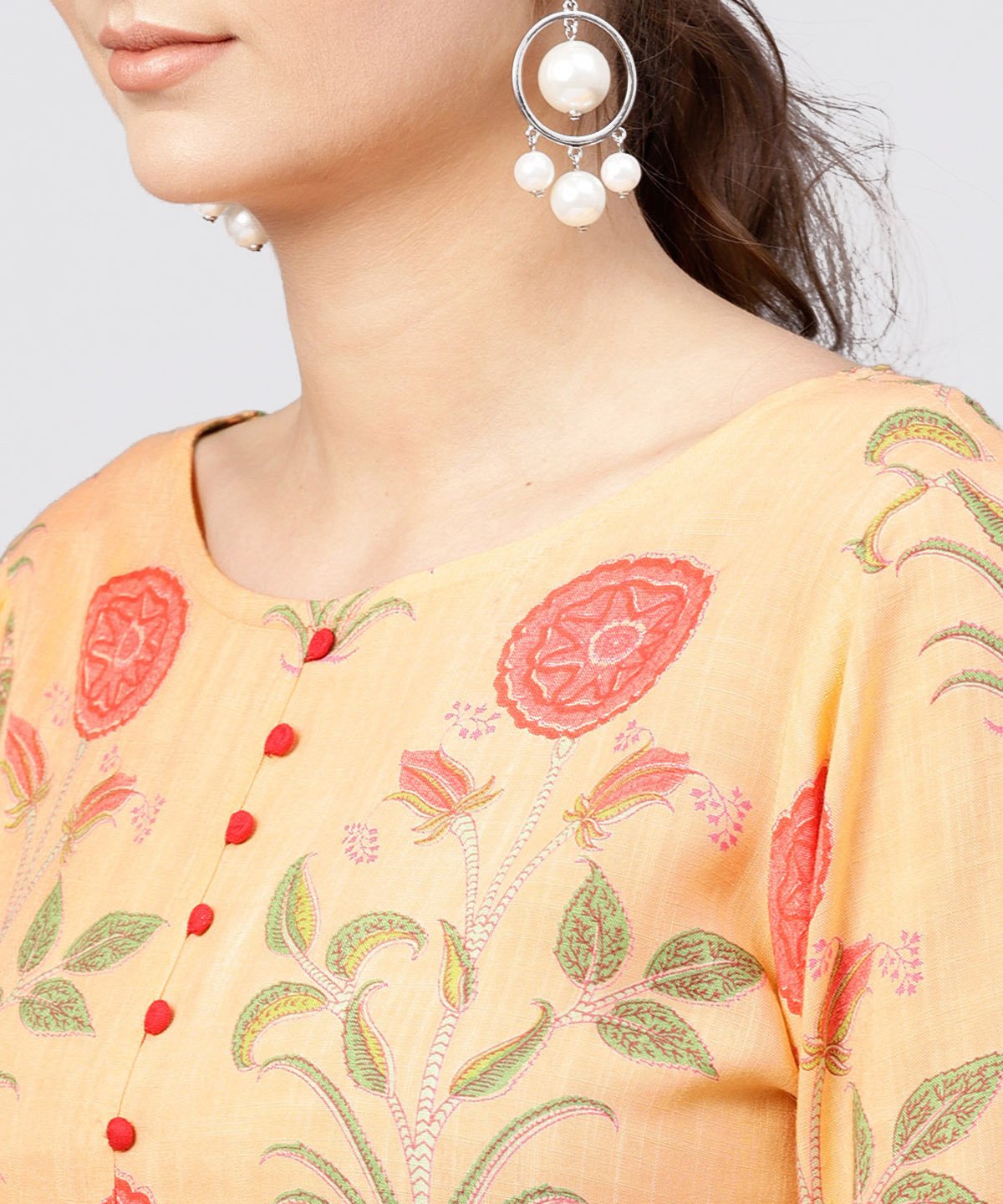Women's Peach Rayon Calf Length Kurta With Round Neck Front Placket