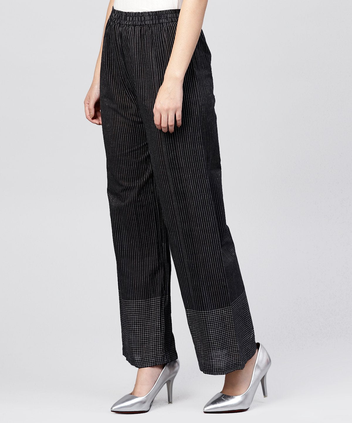 Women's Black Striped Ankle Length Cotton Palazzo