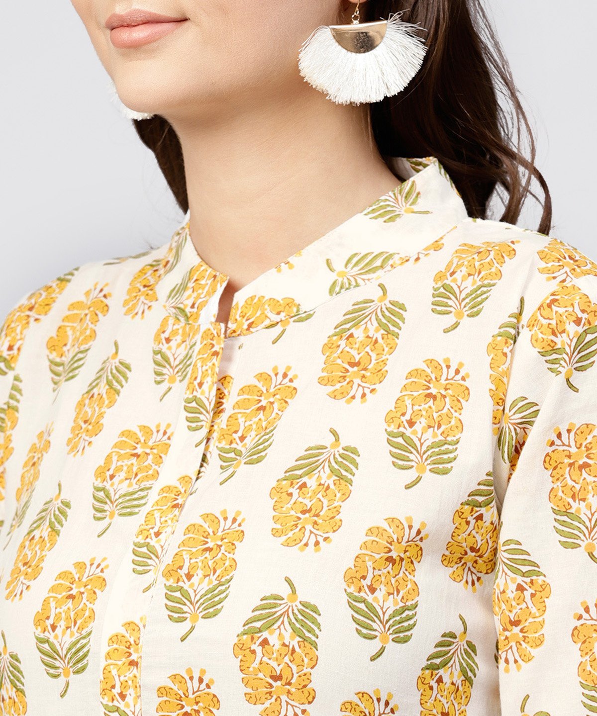 Women's Madarin Collar Tiered Printed Dress With Front Placket And Half Sleeves