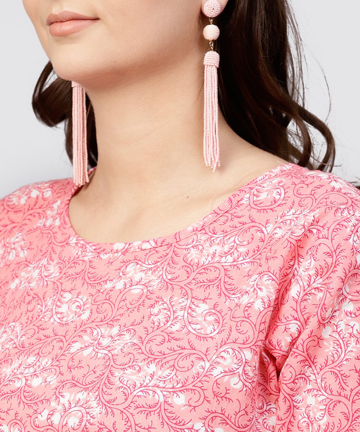 Women's Pink Printed Dress With Round Neck And Half Sleeves