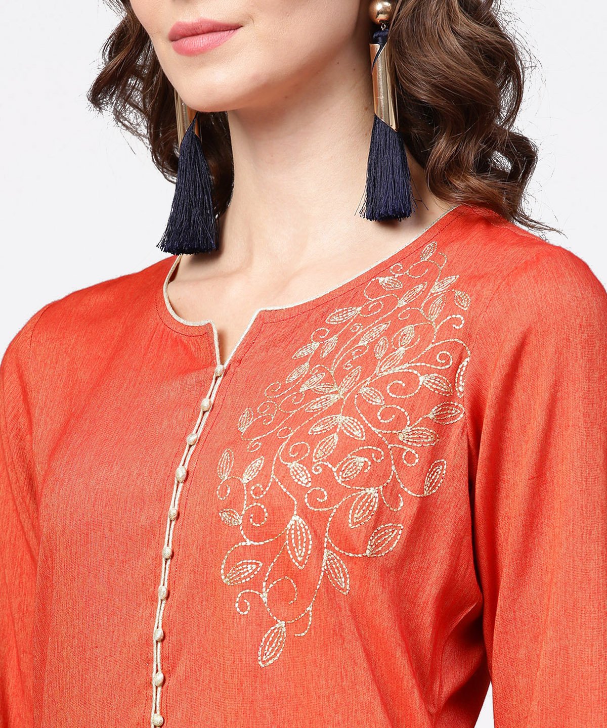 Women's Peach Embroidery 3/4Th Sleeve Rayon Kurta