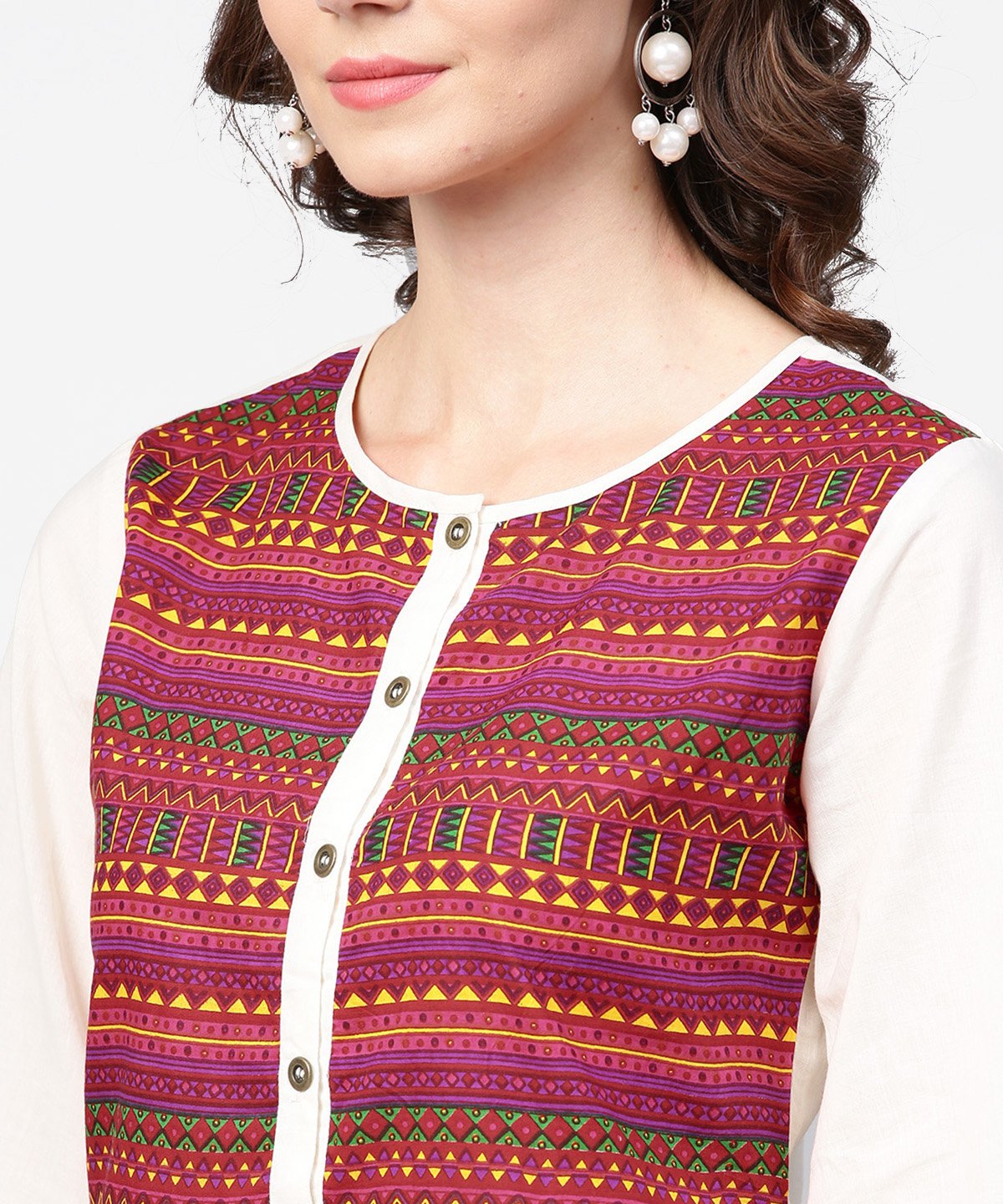 Women's White & Red Printed 3/4Th Sleeve Cotton Crop Top