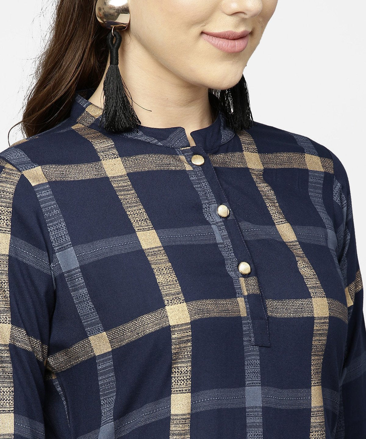 Women's Blue Checked 3/4Th Sleeve Cotton Front Slit Dress