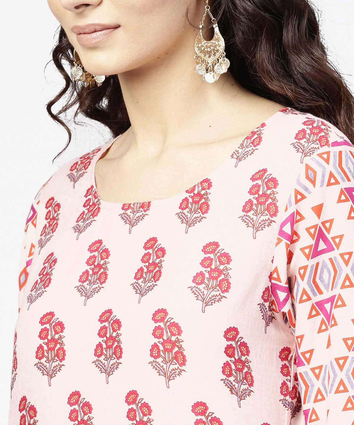 Women's Off White Printed 3/4Th Sleeve Cotton Kurta